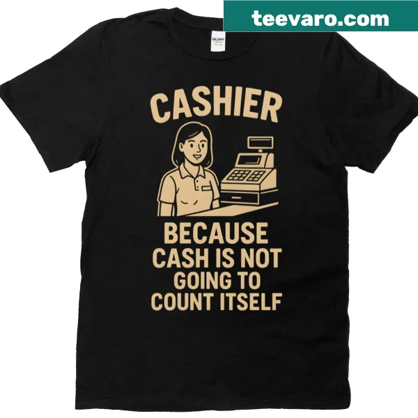 Cashier counting money illustrated on a t-shirt