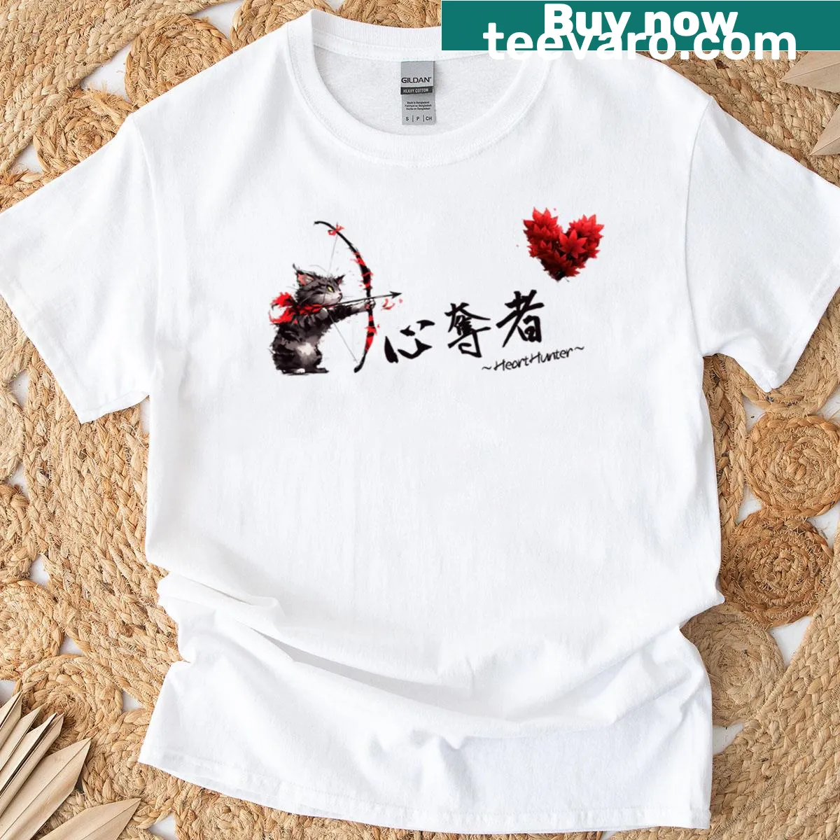 Cute cat and heart graphic with Japanese calligraphy on T-shirt — on a men's t-shirt