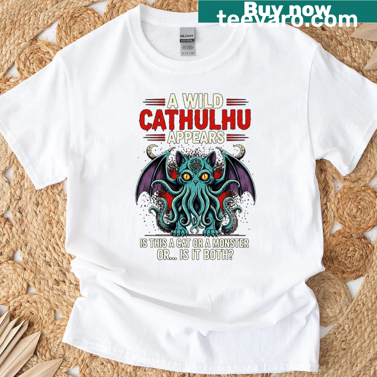 Funny cat and Cthulhu mashup graphic on a gothic t-shirt — on a men's t-shirt