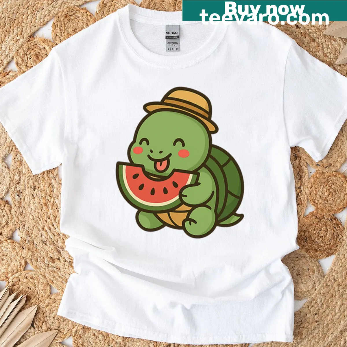 Cute turtle eating watermelon design graphic T-shirt — on a men's t-shirt