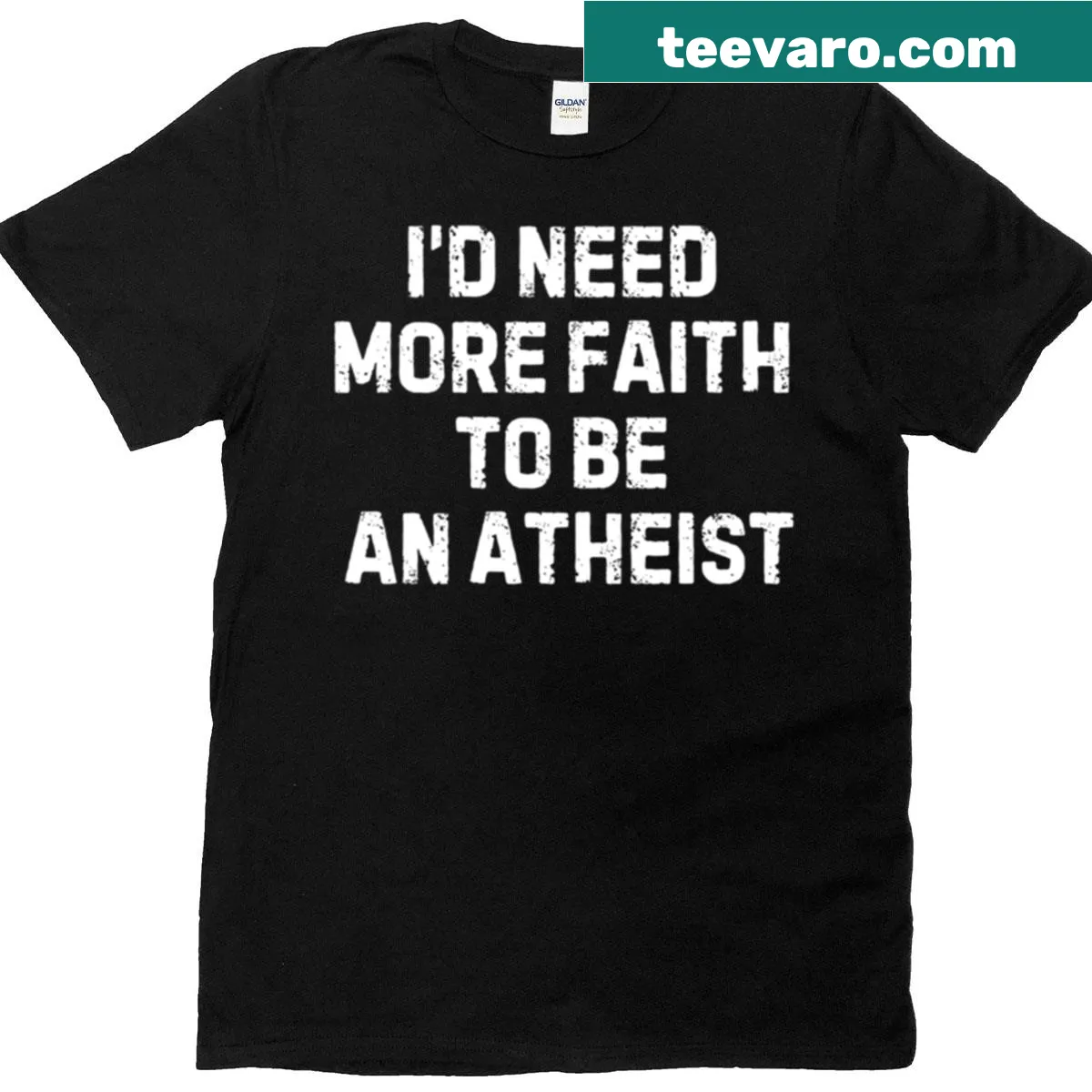 Text design exploring faith and atheism on a t-shirt — on a men's t-shirt