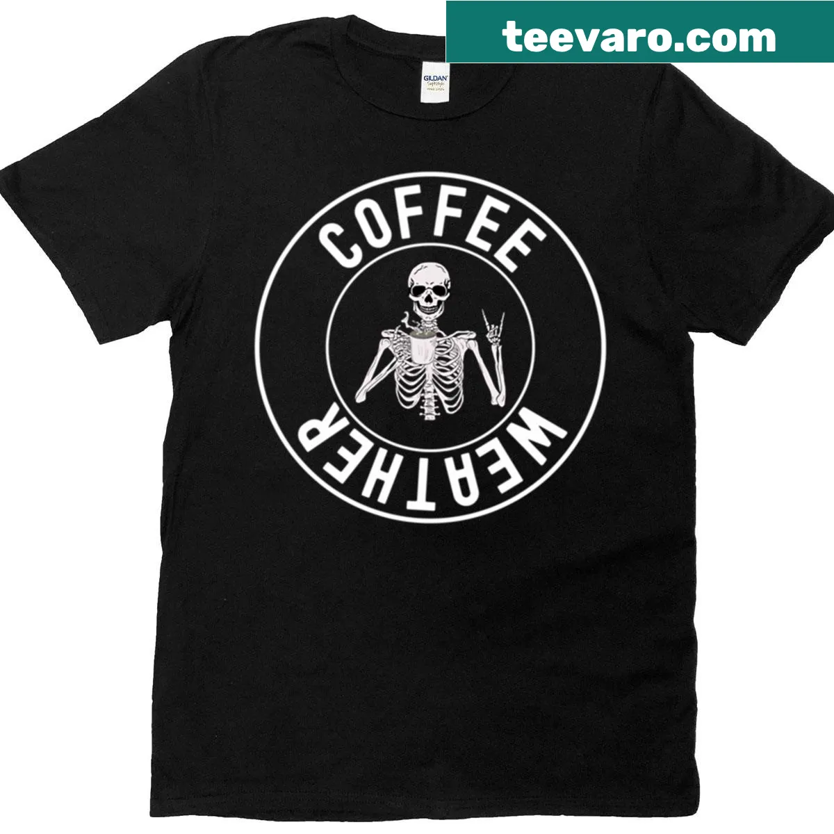 Funny skeleton drinking coffee with rock on gesture — on a men's t-shirt