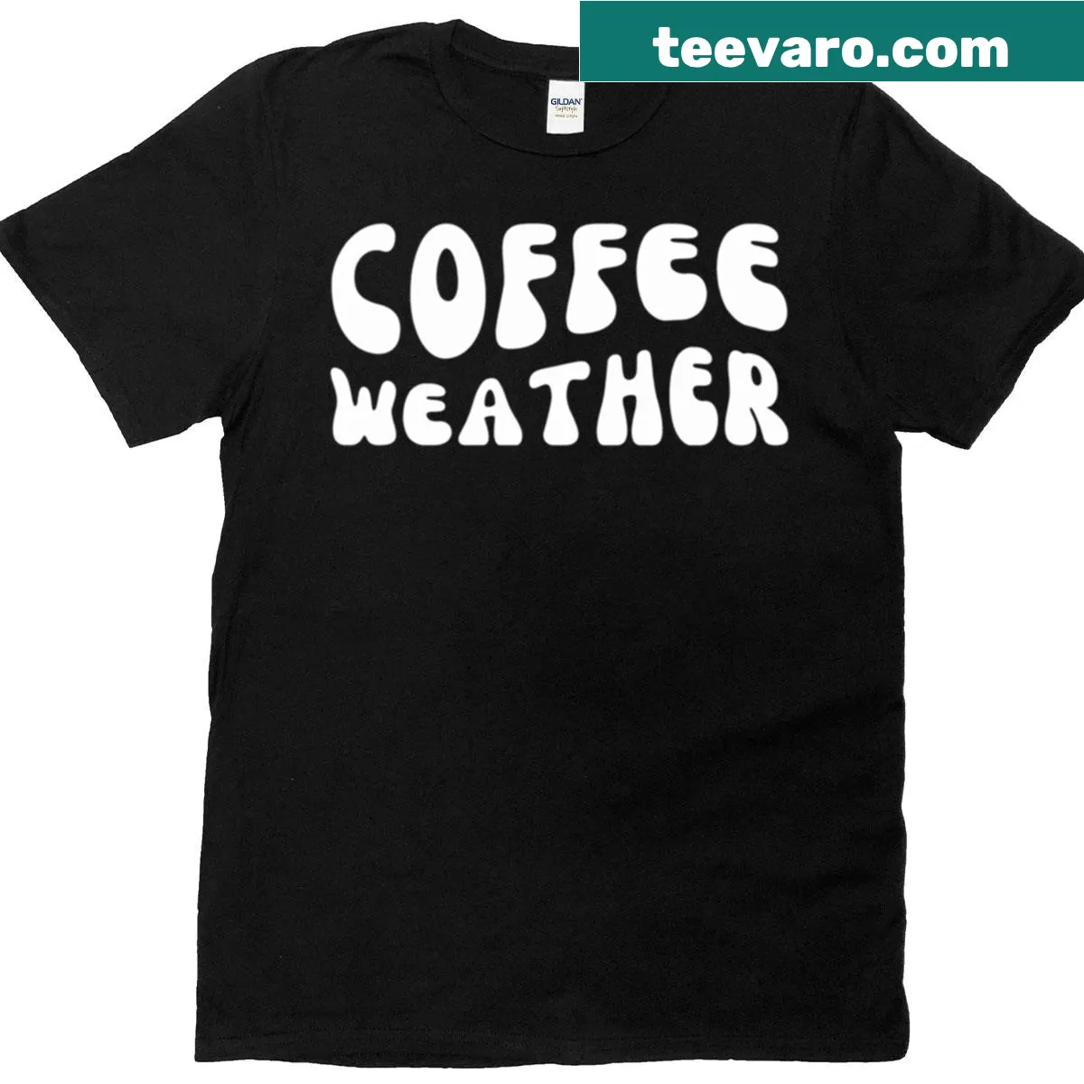 Playful coffee drinker graphic with 'Coffee Weather' text — on a men's t-shirt