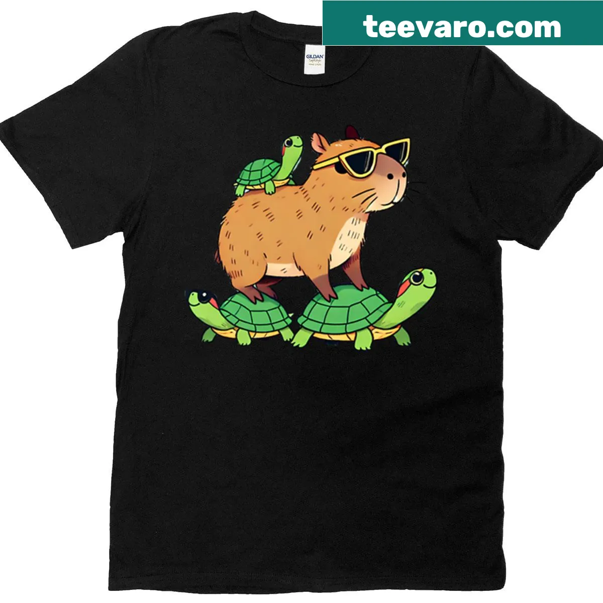 Cute capybara illustrated with turtles — on a men's t-shirt