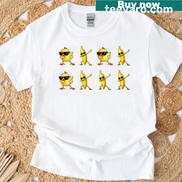 Cartoon graphic of chicks and dabbing bananas on a T-shirt