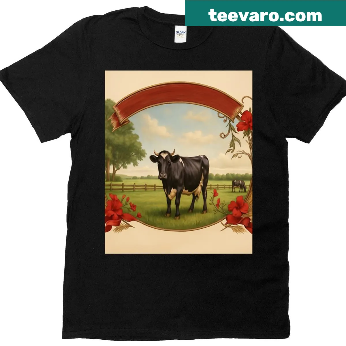 AI-generated cow graphic on a humorous T-shirt — on a men's t-shirt