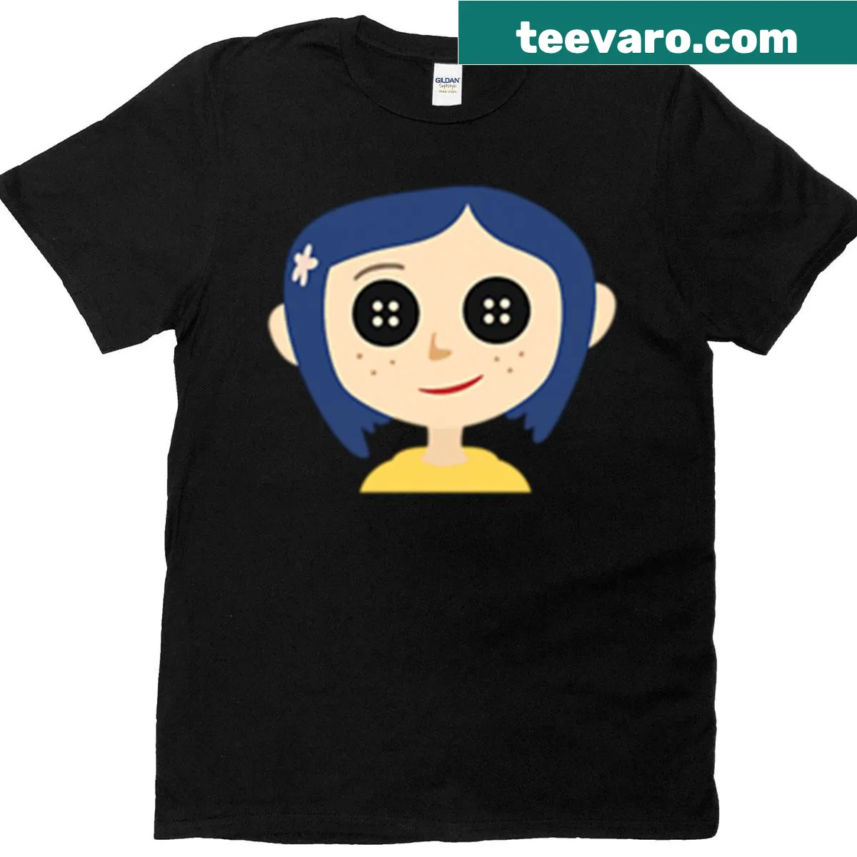 T-shirt featuring a whimsical Coraline-inspired graphic — on a men's t-shirt