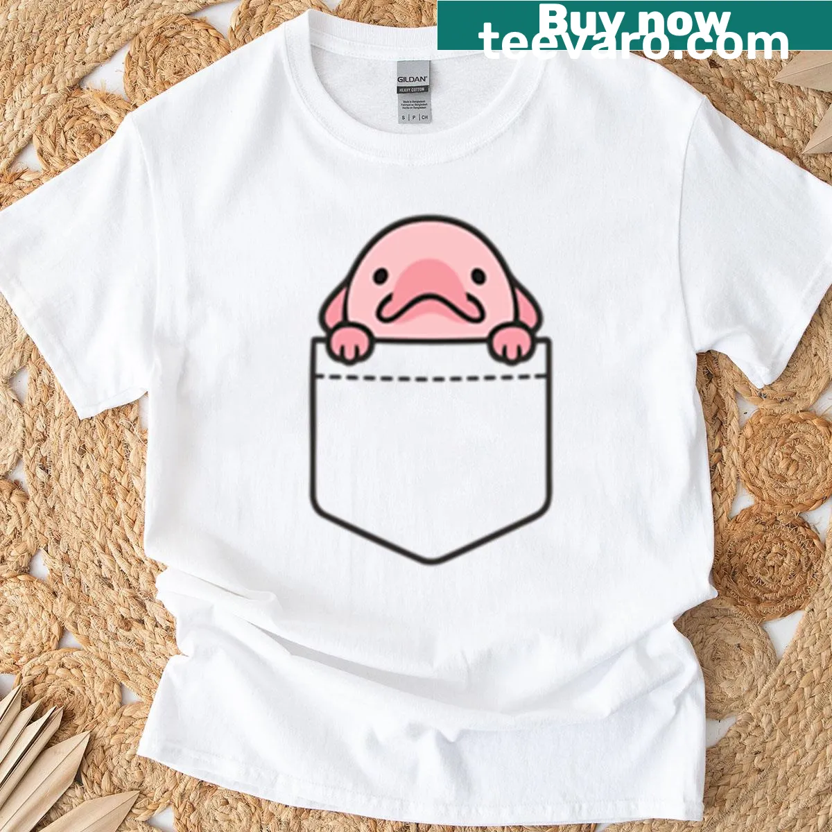 T-shirt with a cute blobfish graphic peeking out of a pocket — on a men's t-shirt