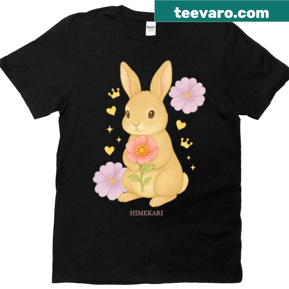 Illustration of a cute bunny holding a flower on a T-shirt — on a men's t-shirt