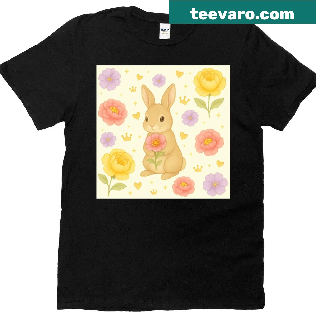 Illustration of a cute bunny holding a flower on a t-shirt — on a men's t-shirt