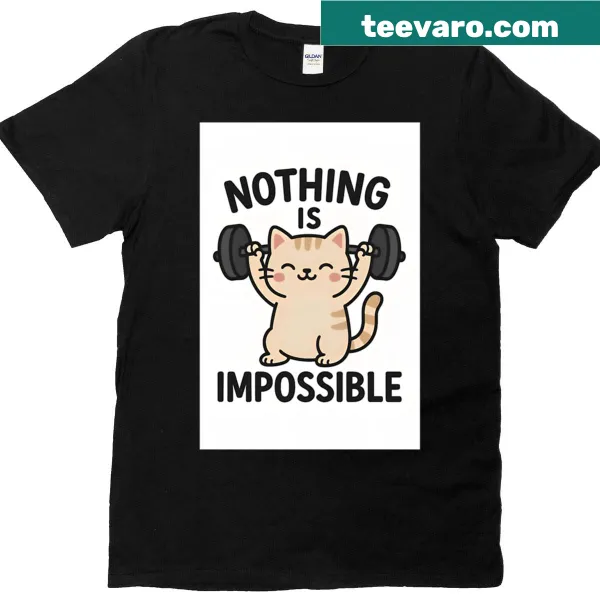 Cartoon illustration of a cat lifting weights on a T-shirt