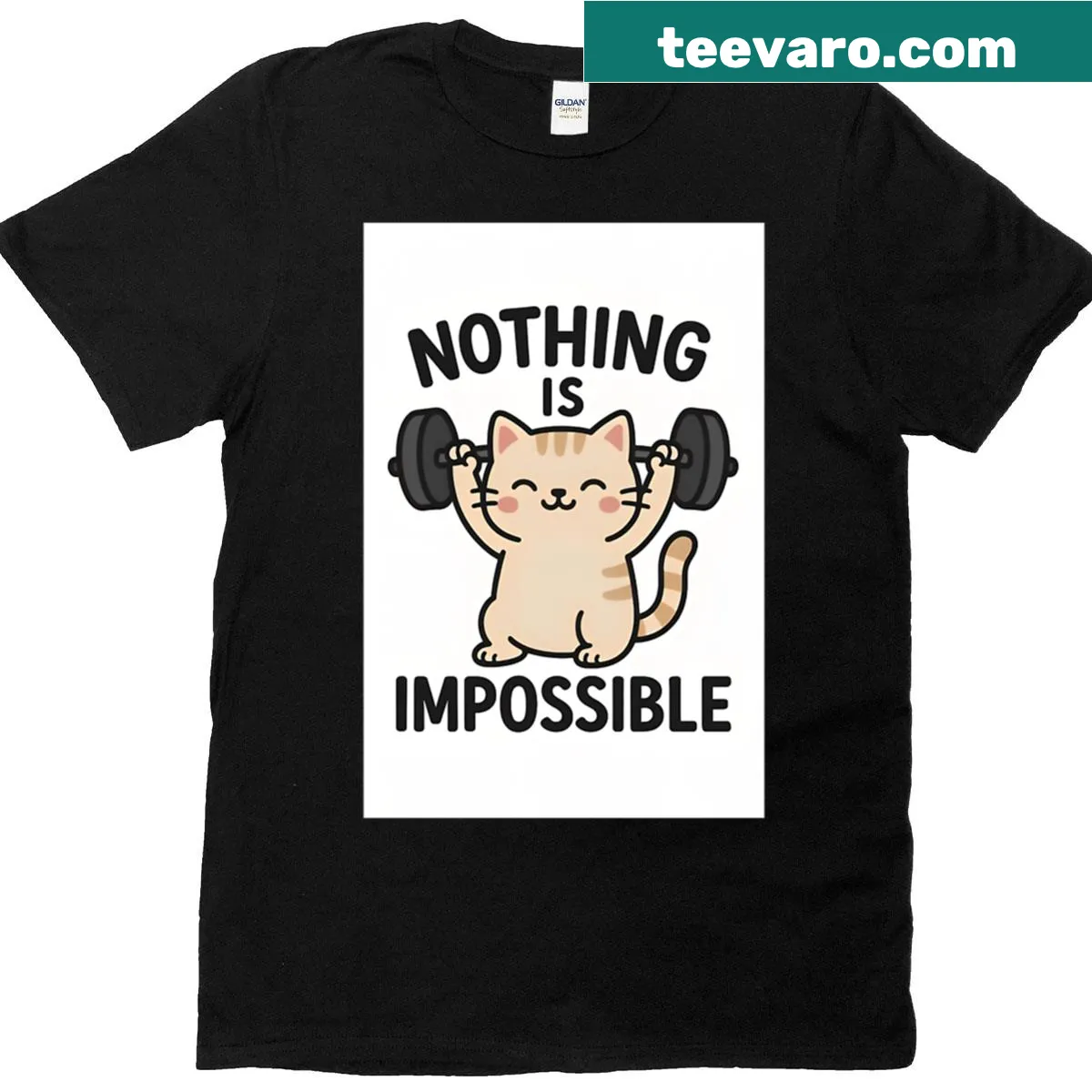 Cartoon illustration of a cat lifting weights on a T-shirt — on a men's t-shirt