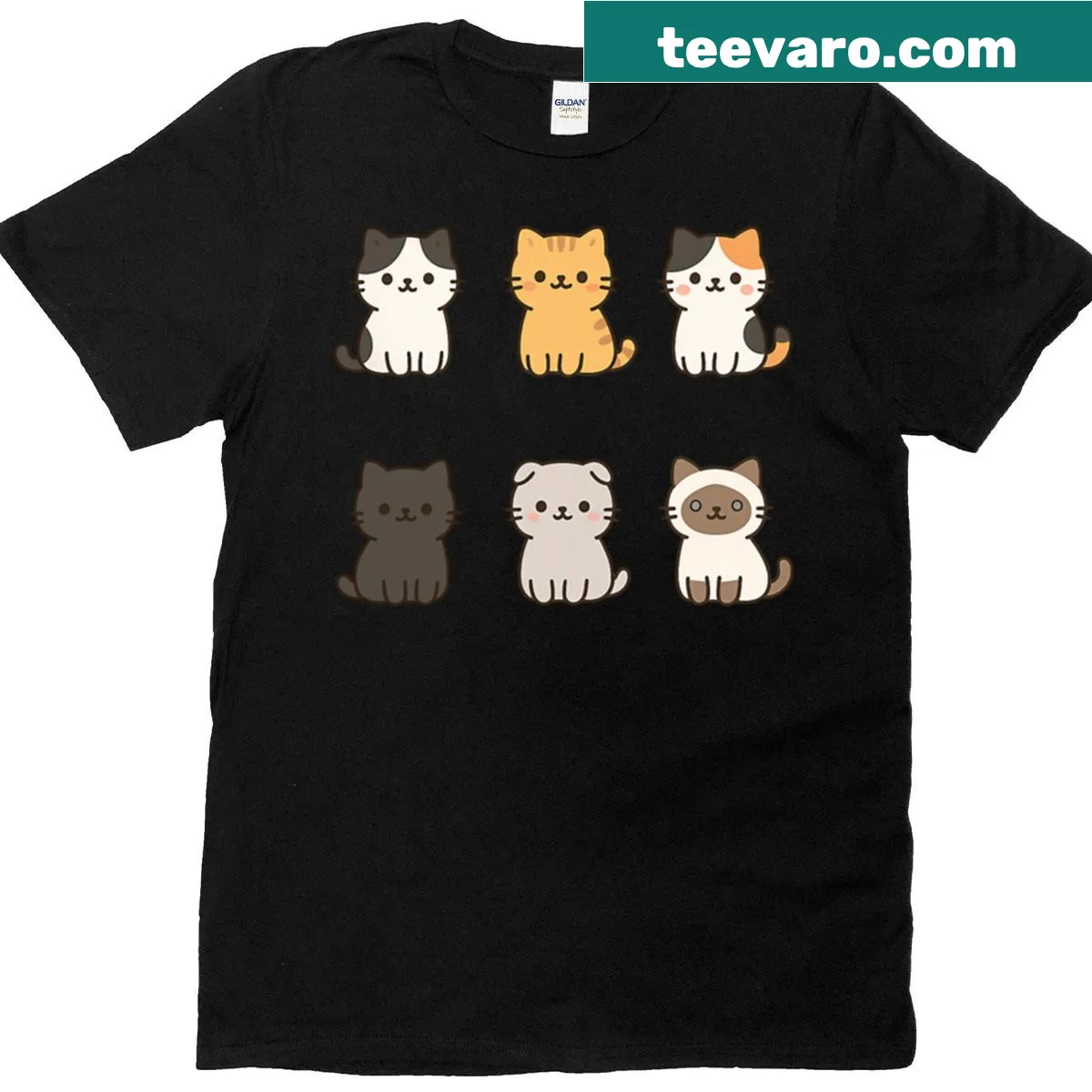 Kawaii illustrations of various cat breeds on an oversized T-shirt — on a men's t-shirt