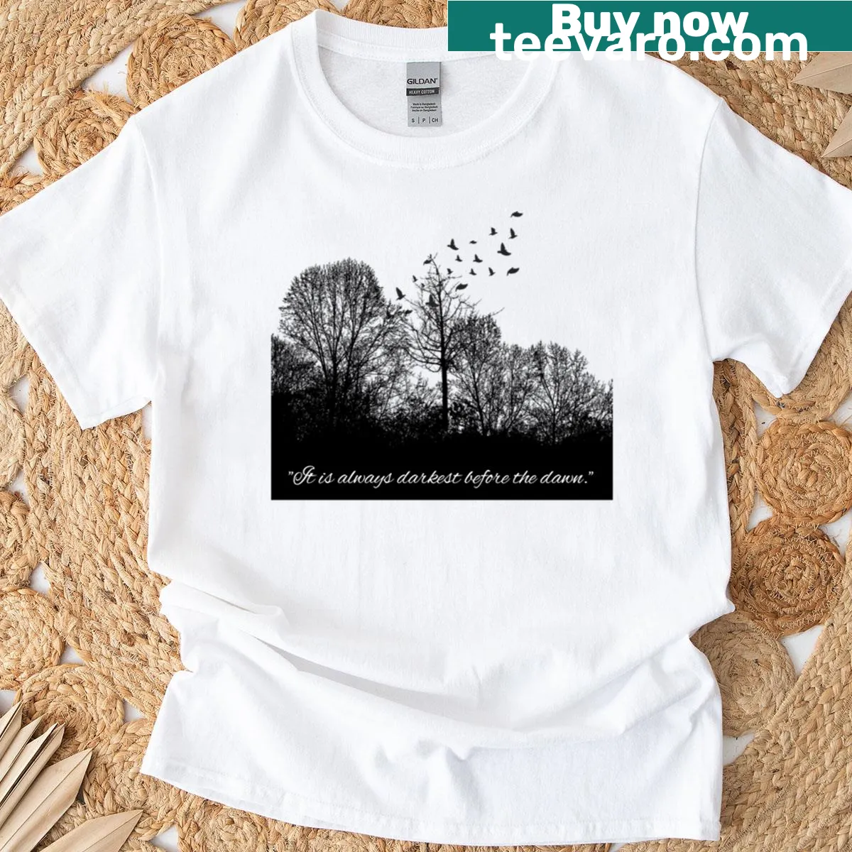 Inspirational text graphic reading 'Darkest Before Dawn' on a T-shirt — on a men's t-shirt