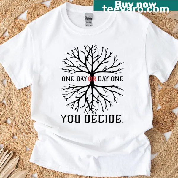 Minimalist text graphic reading 'Day One' on a T-shirt