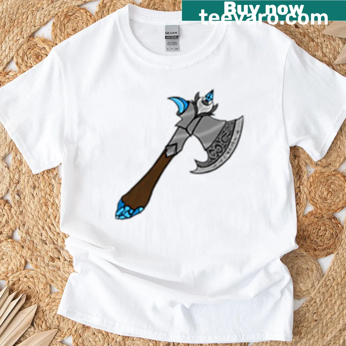 Whimsical dragon and axe illustration on oversized t-shirt — on a men's t-shirt