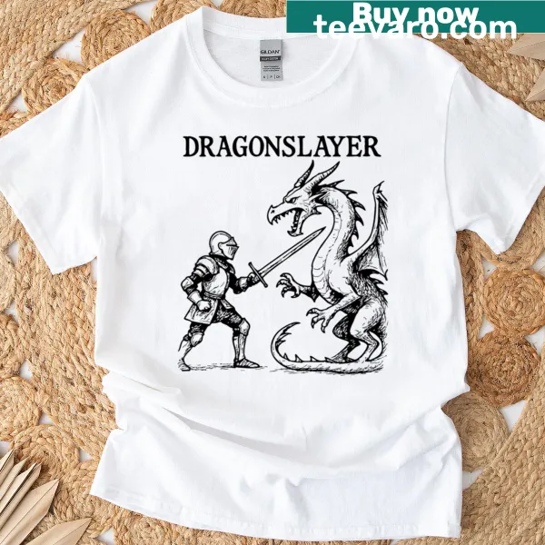 T-shirt featuring a fierce dragonslayer ready for battle