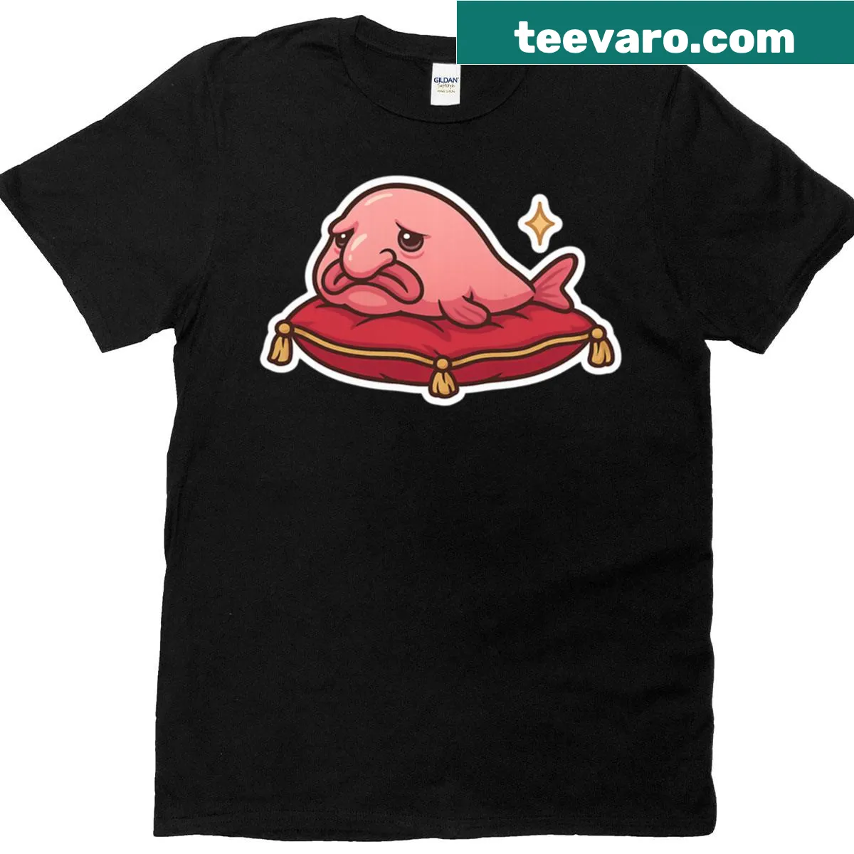 Cute blobfish on a pillow illustration on an oversized T-shirt — on a men's t-shirt