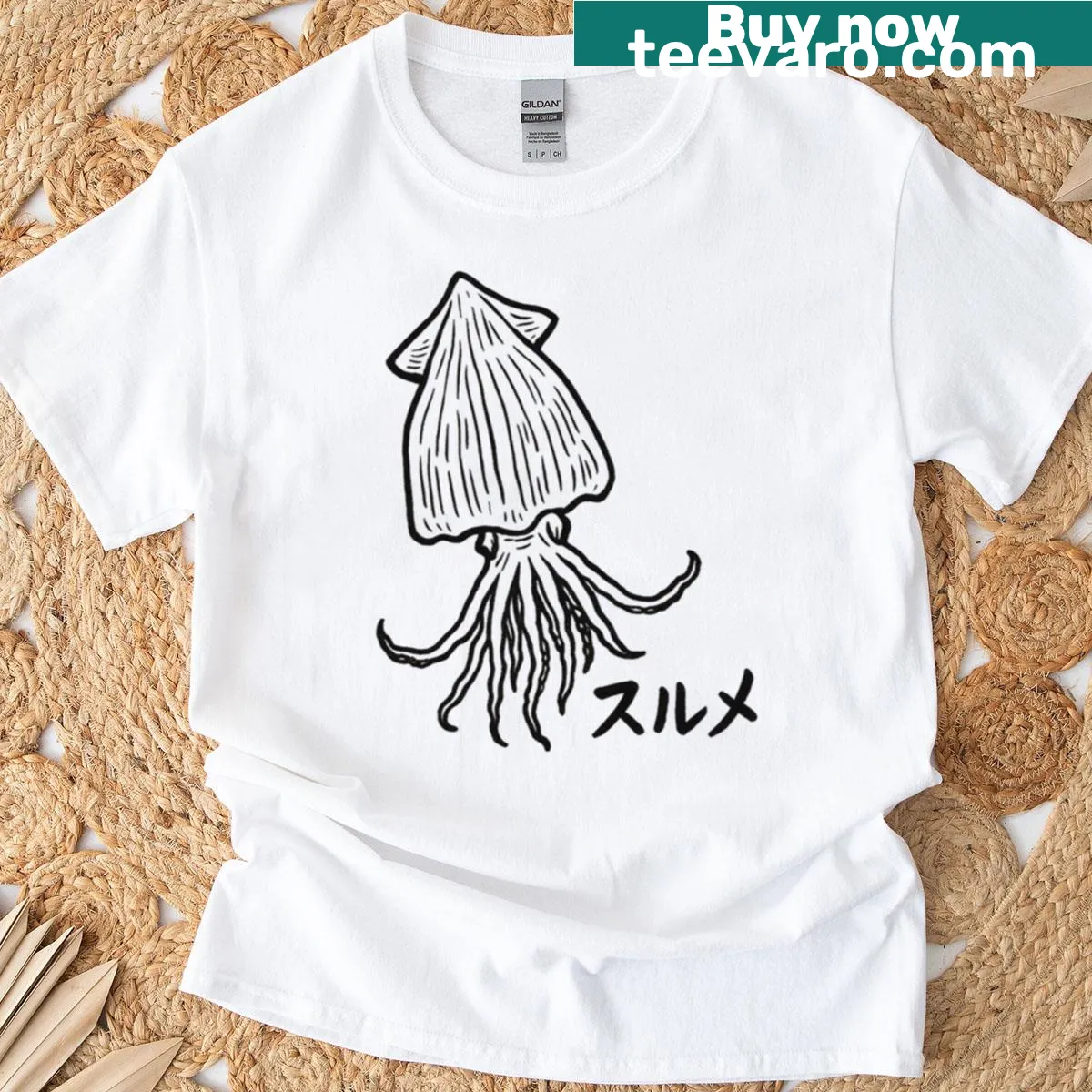 T-shirt with a playful illustration of dried squid — on a men's t-shirt