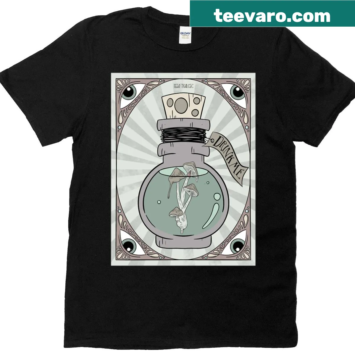 Whimsical t-shirt with 'Drink Me' text — on a men's t-shirt