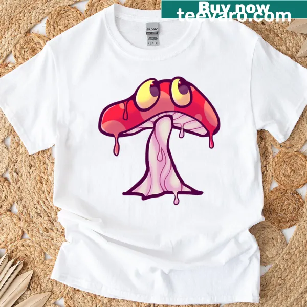 T-shirt featuring a whimsical illustration of drippy mushrooms