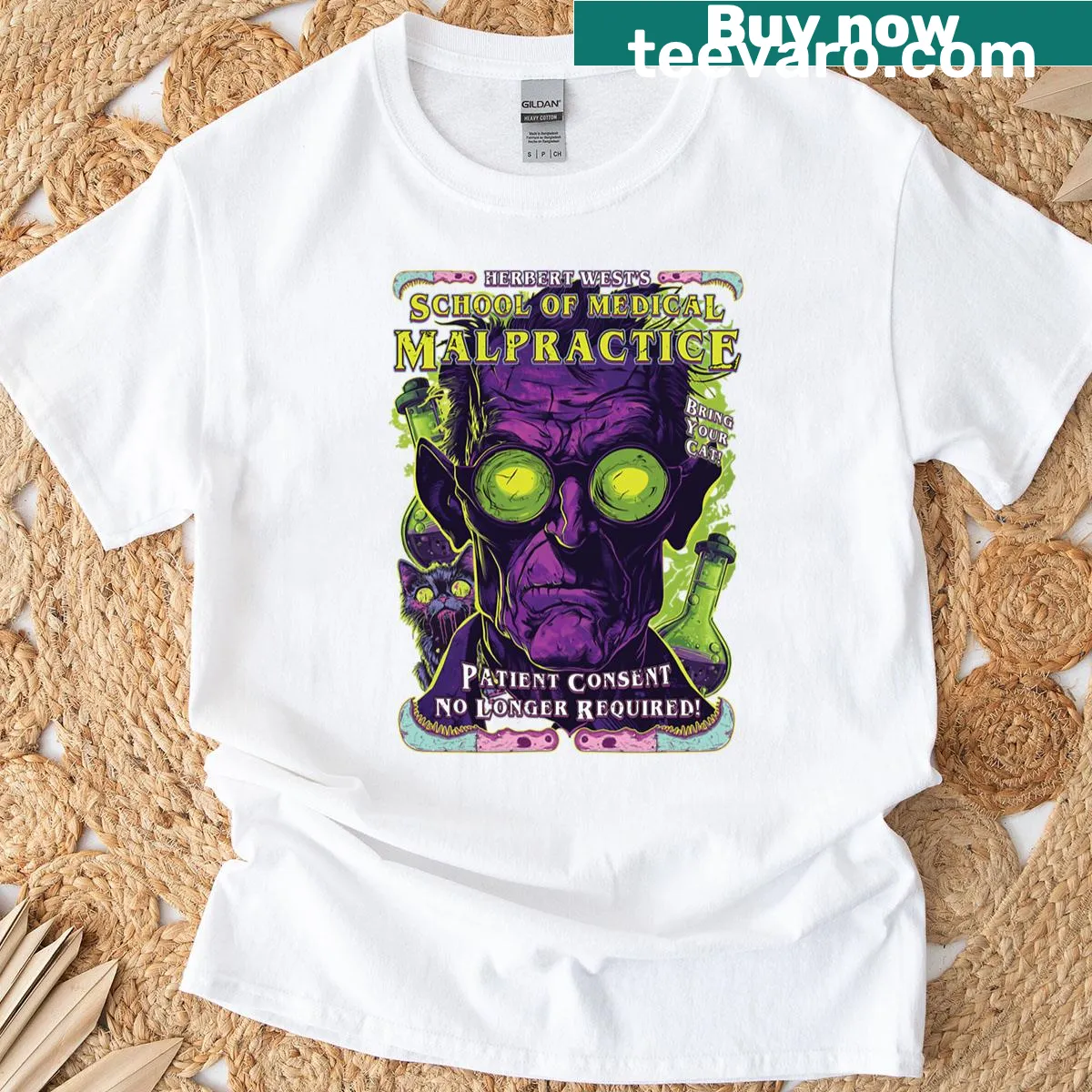T-shirt with bold typography 'Duk Fat - Herbert West's School Of Medical Malpractice' — on a men's t-shirt
