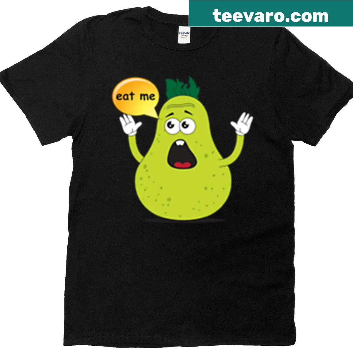 Playful pear graphic with 'Eat Me' text on t-shirt — on a men's t-shirt