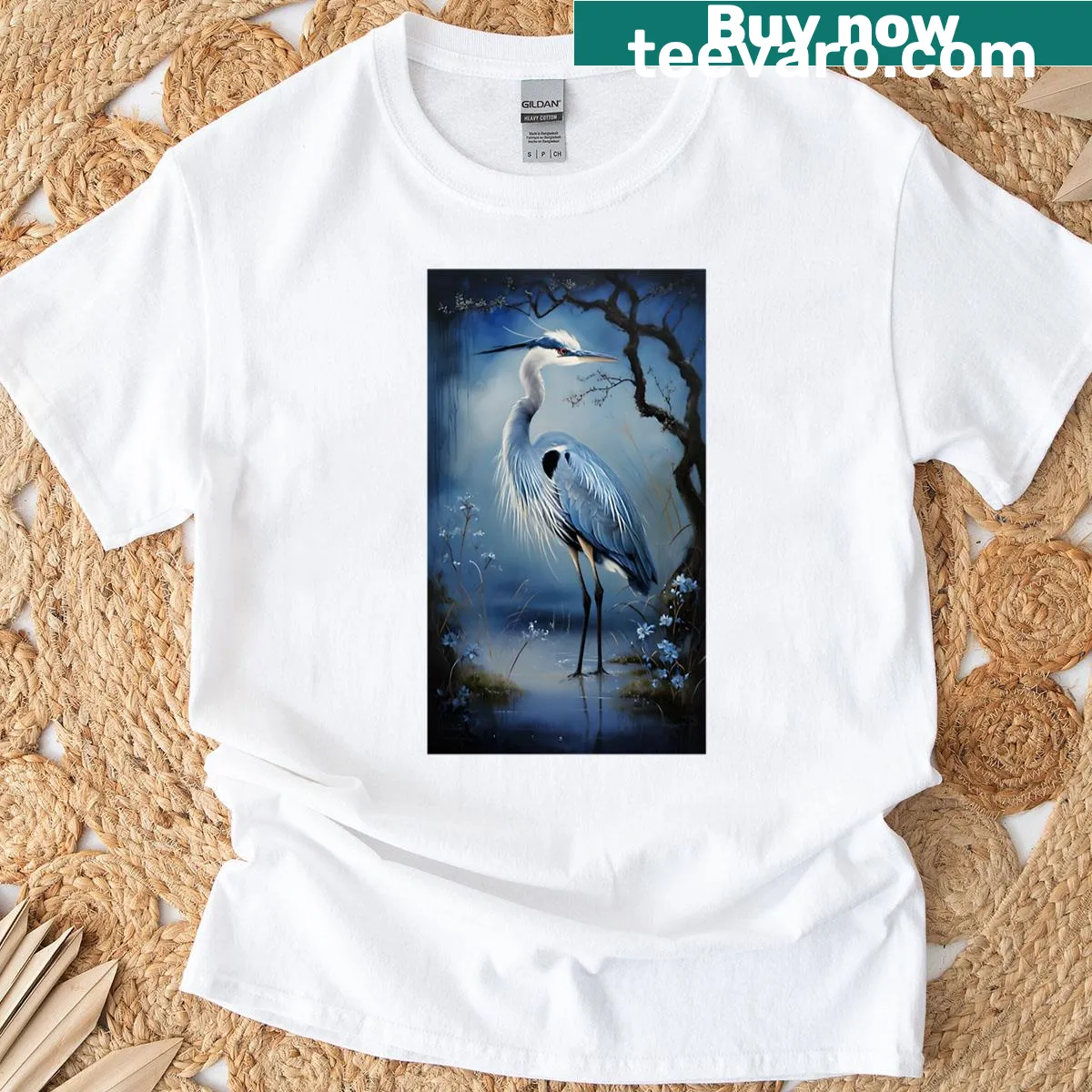 Illustration of a blue heron in misty wetlands on a t-shirt — on a men's t-shirt