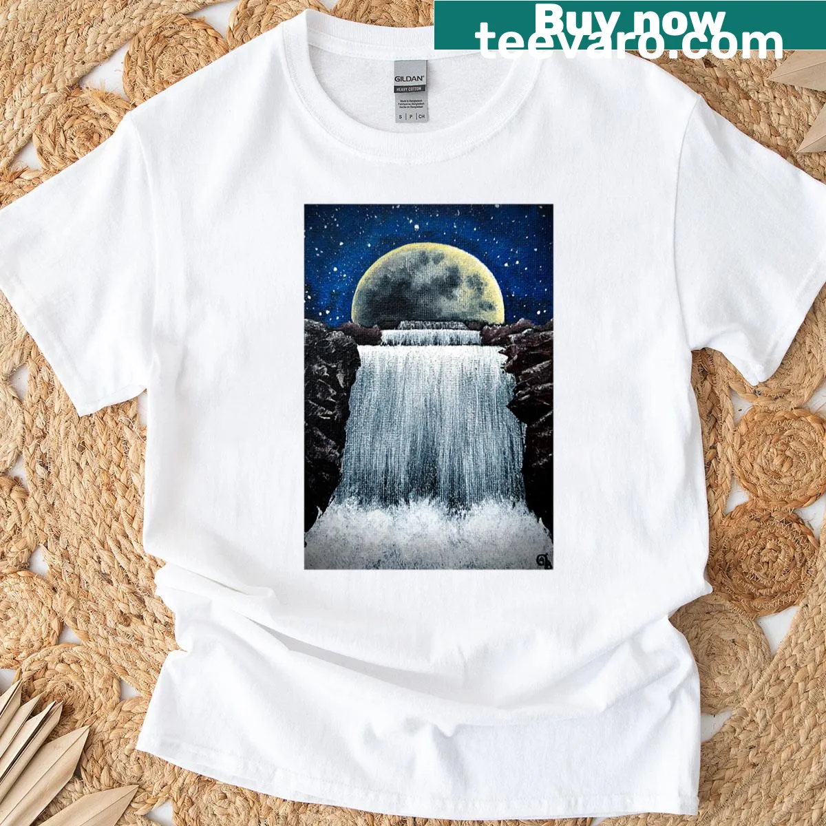 Illustration of a waterfall under a giant full moon on a t-shirt — on a men's t-shirt