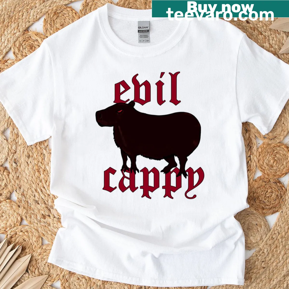 T-shirt featuring an illustration of Evil Cappy character — on a men's t-shirt