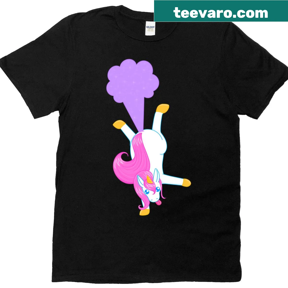 Funny Fartwheeling Unicorn T-shirt with cartoon design — on a men's t-shirt