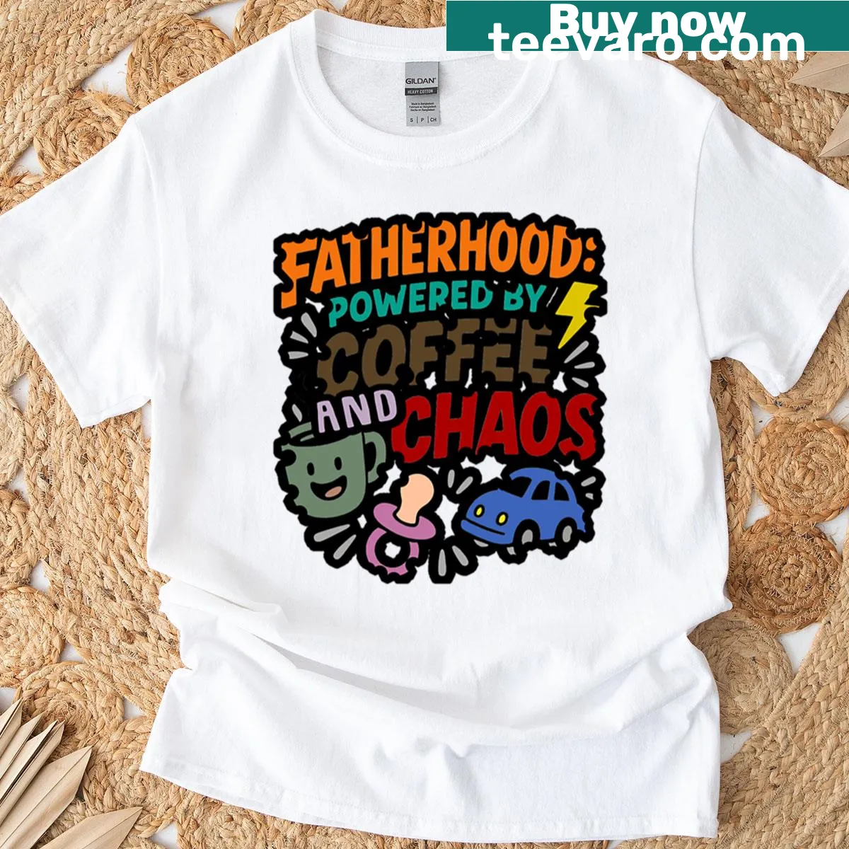 Fatherhood t-shirt featuring humorous coffee and chaos saying — on a men's t-shirt