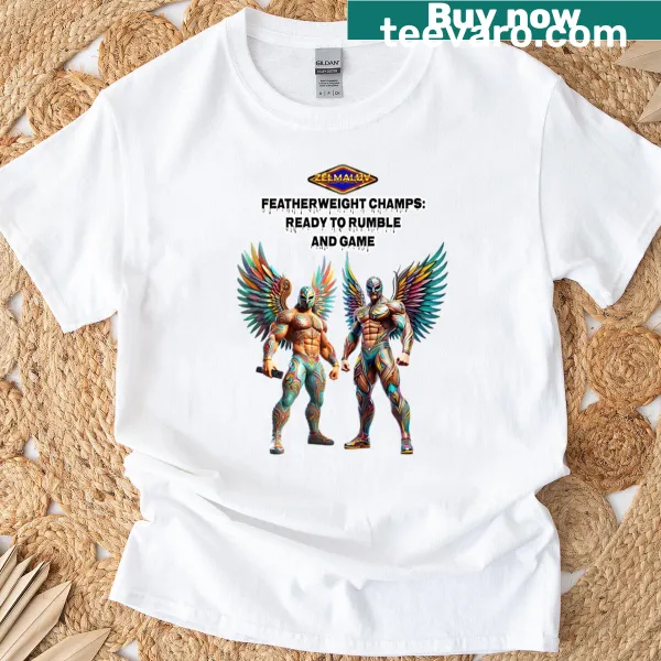 Cartoon design of a featherweight champ on an active gaming t-shirt