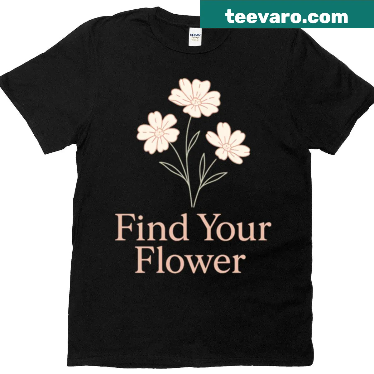 Graphic t-shirt with 'Find Your Flower' text and floral designs — on a men's t-shirt