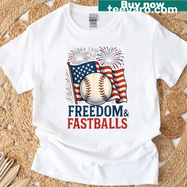 Patriotic baseball design featuring fastballs in an illustrative style.
