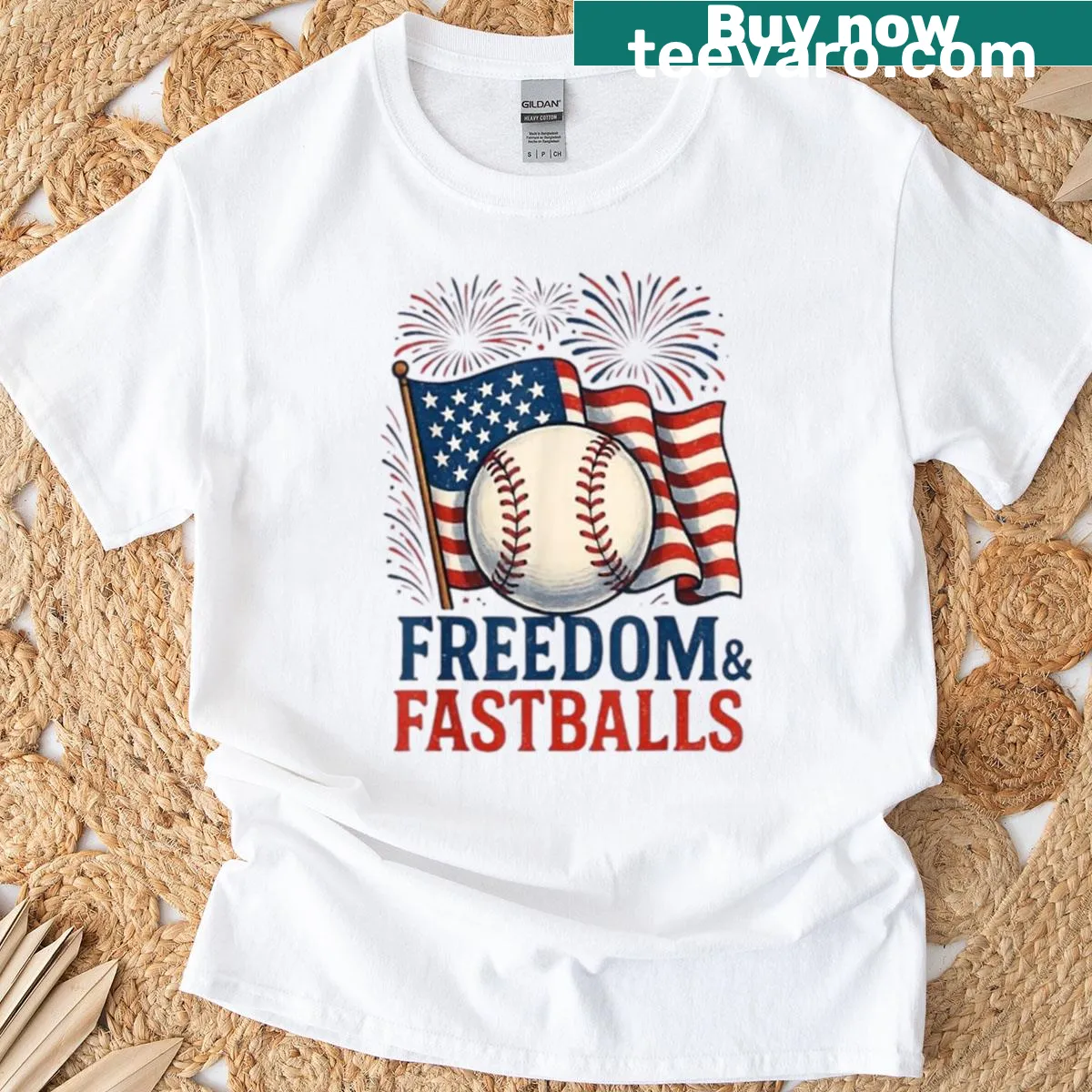 Patriotic baseball design featuring fastballs in an illustrative style. — on a men's t-shirt