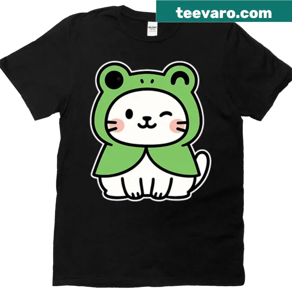 Kawaii white cat in green frog poncho design on oversized t-shirt