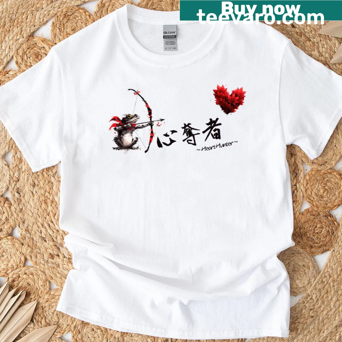 T-shirt featuring a frog design with Japanese calligraphy and maple leaf — on a men's t-shirt