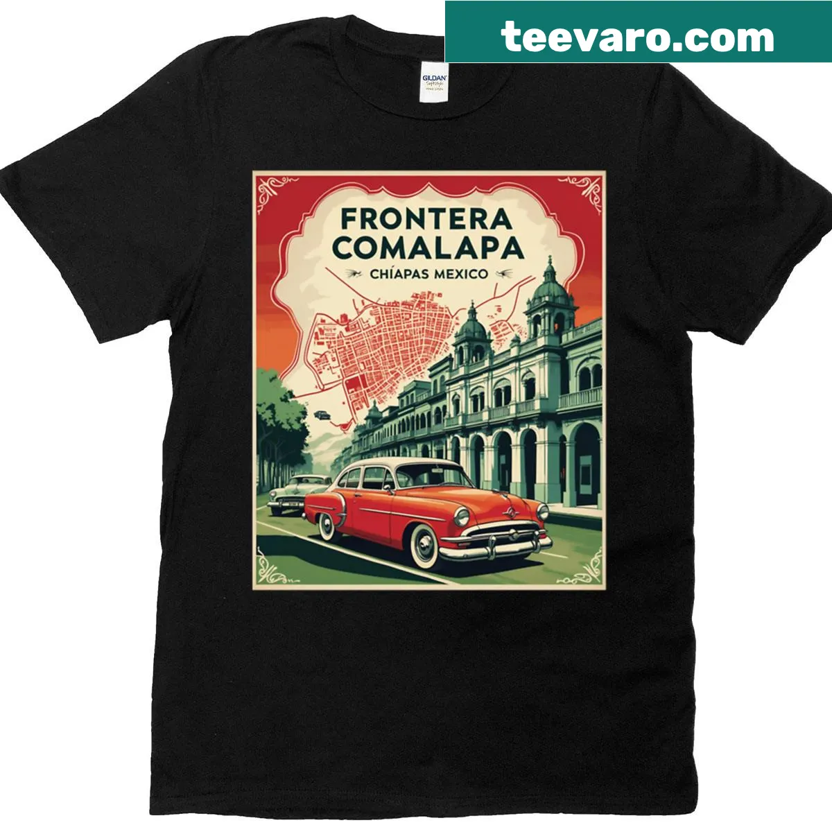 Vintage map illustration of Frontera Comalapa Chiapas on a T-shirt — on a men's t-shirt