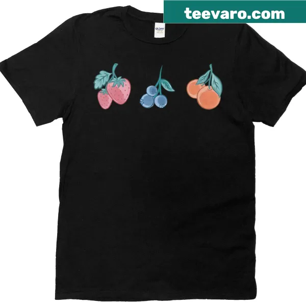 Cartoon-style T-shirt featuring three fruits