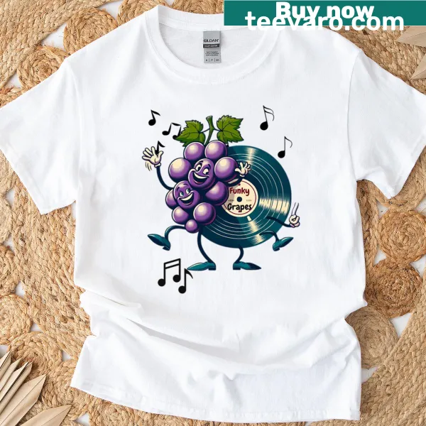 T-shirt featuring funky grapes and retro dance art