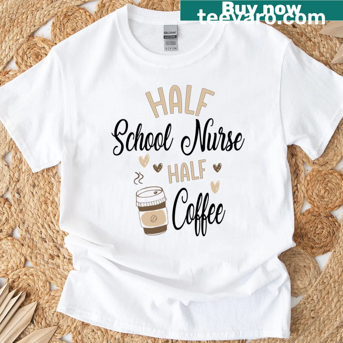 Funny oversized T-shirt for school nurses with coffee graphic — on a men's t-shirt