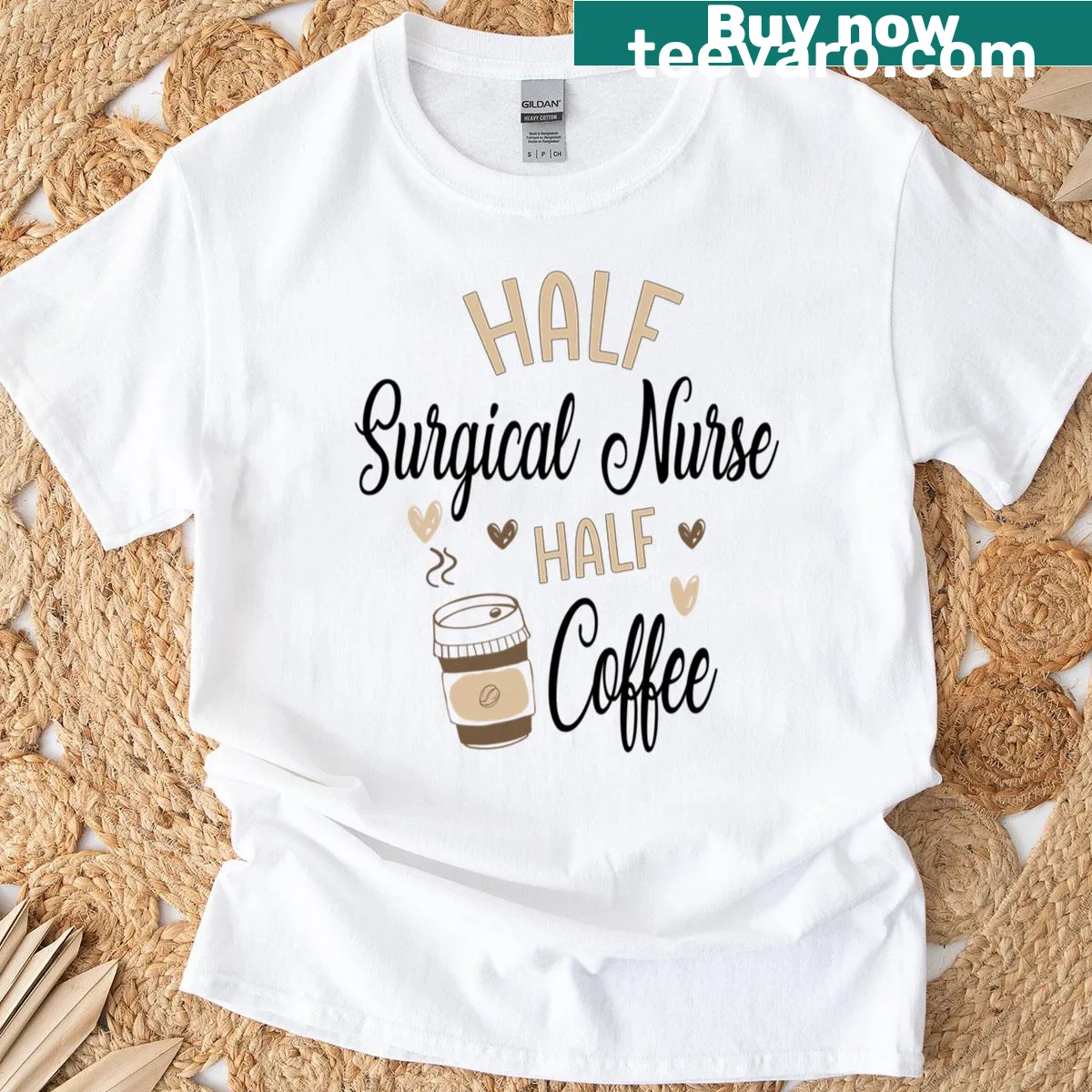 Humorous coffee-themed t-shirt designed for surgical nurses — on a men's t-shirt