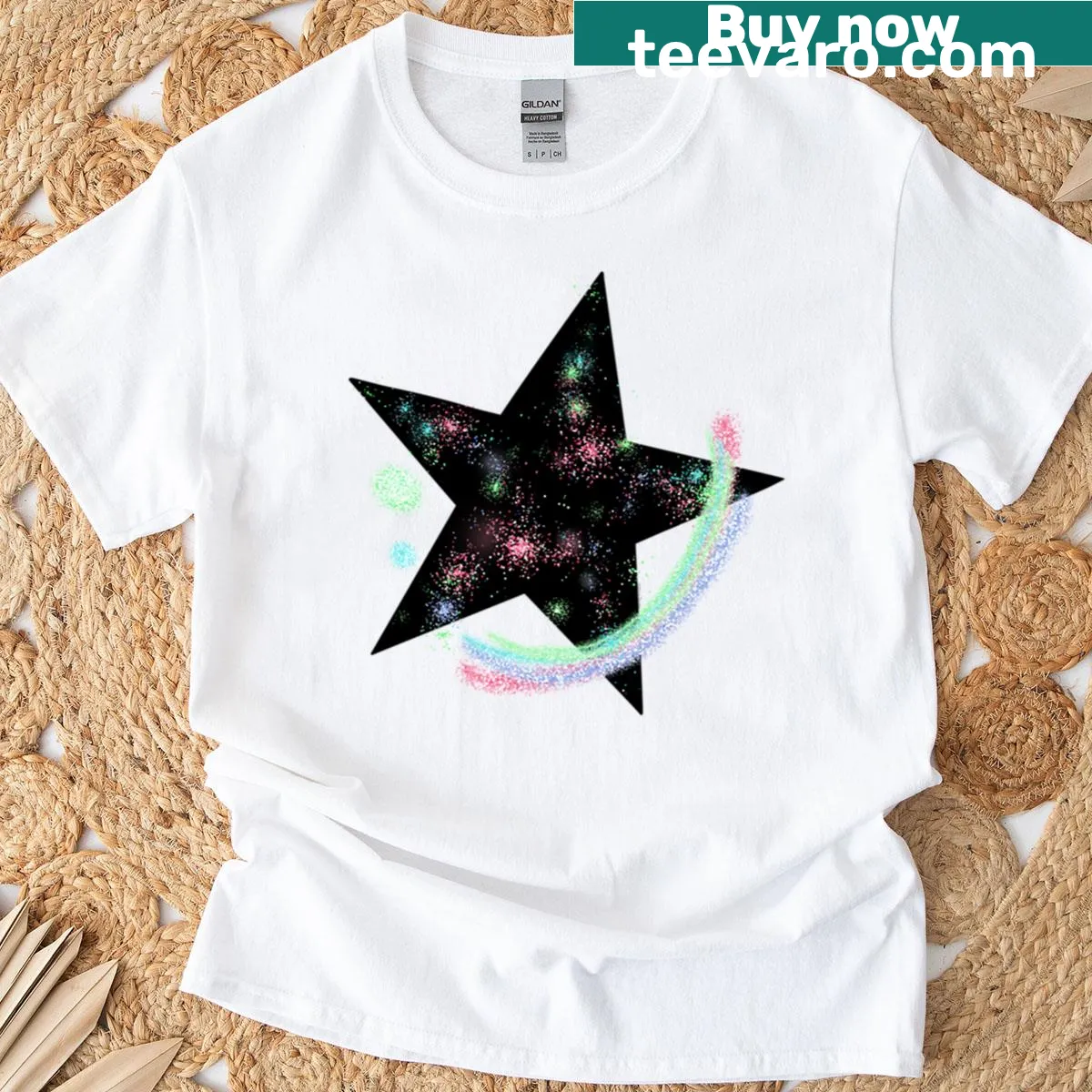 Oversized T-shirt featuring a cosmic galaxy design with stars and swirls — on a men's t-shirt