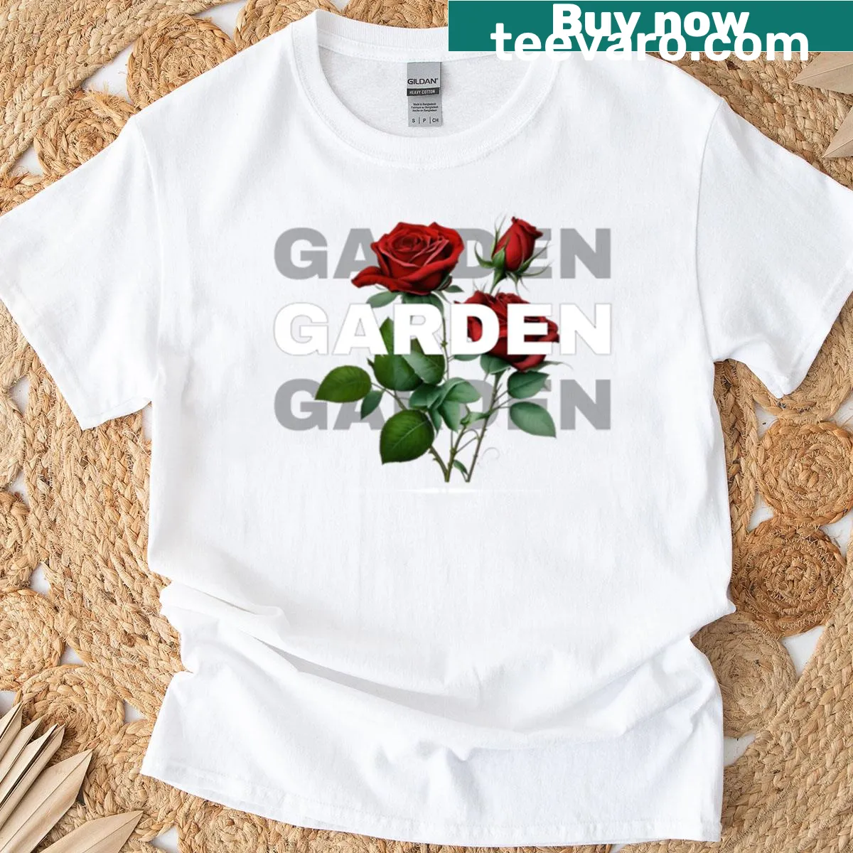 T-shirt featuring an intricately illustrated garden rose — on a men's t-shirt
