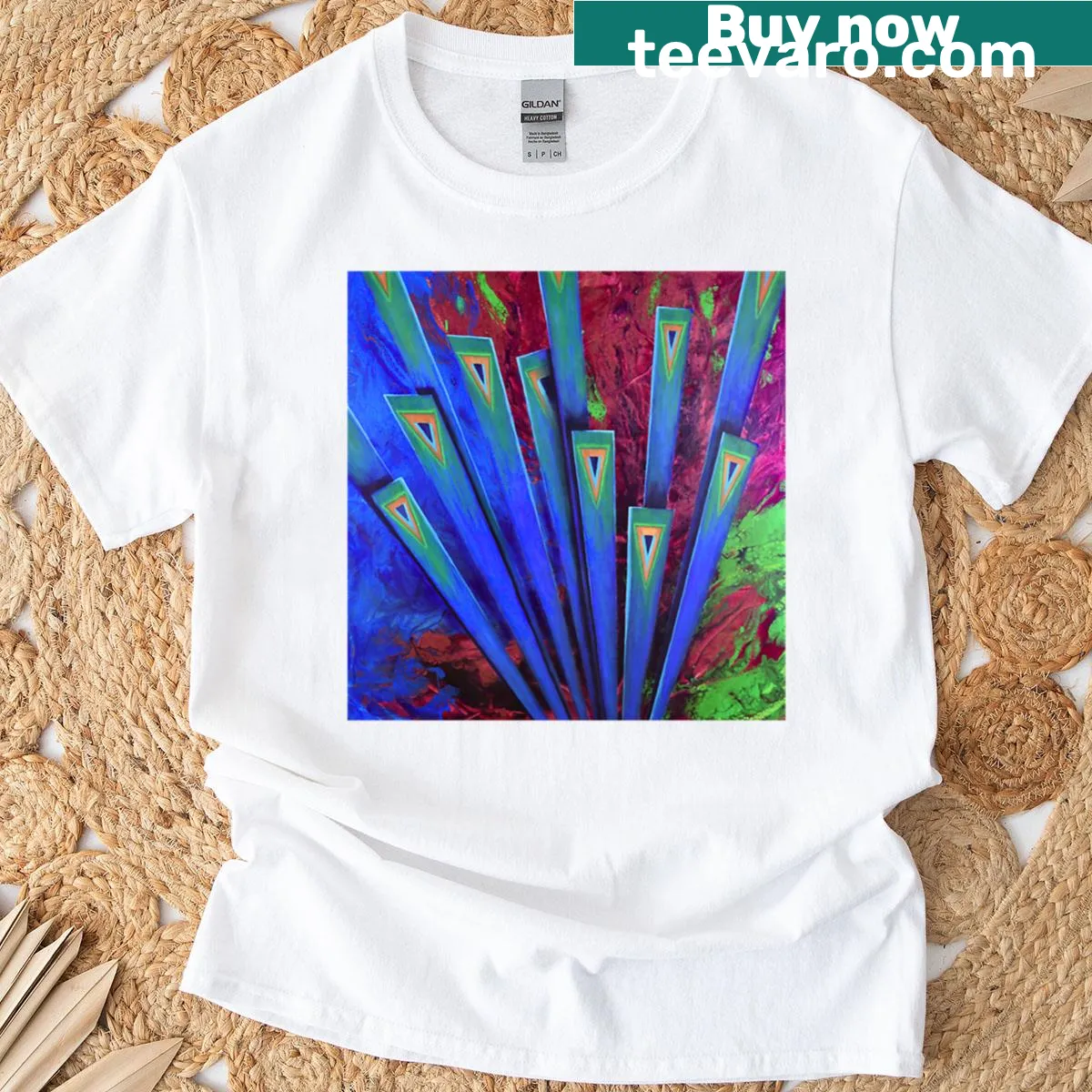 T-shirt featuring abstract geometric design of a peacock tail — on a men's t-shirt