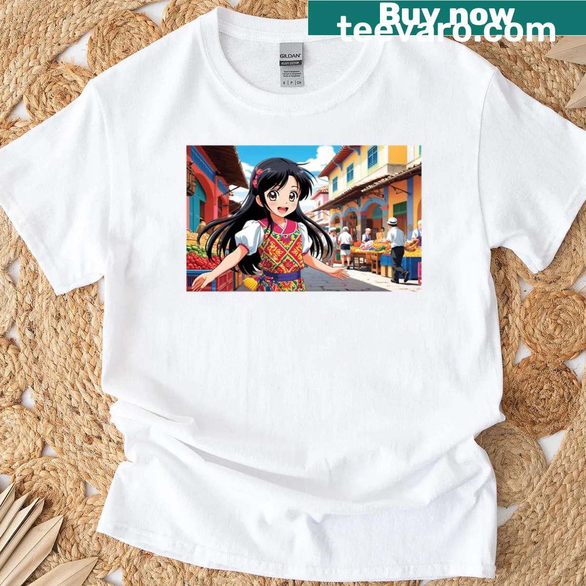 T-shirt depicting a girl at a market in Ecuador — on a men's t-shirt