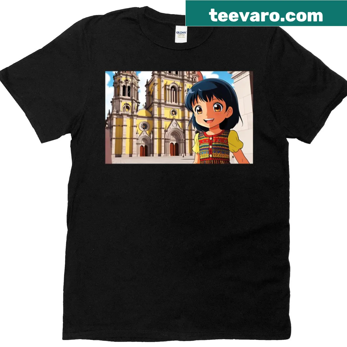 Illustrated T-shirt featuring a girl in a church in Cuenca, Ecuador — on a men's t-shirt