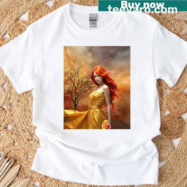 Graphic t-shirt depicting a golden scene in a windstorm