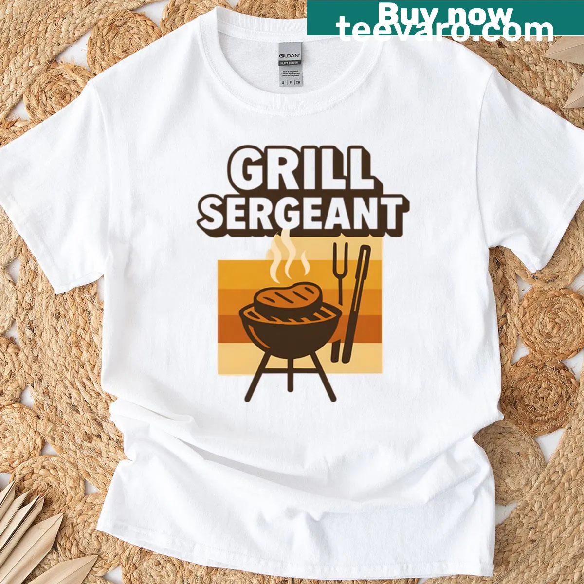 Funny Grill Sergeant t-shirt with BBQ-themed text — on a men's t-shirt
